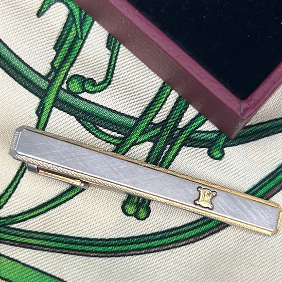 CELINE Sterling Silver 925 Tie Bar Tie Pin Logo clip Formal vintage authentic - Picture 2 of 14